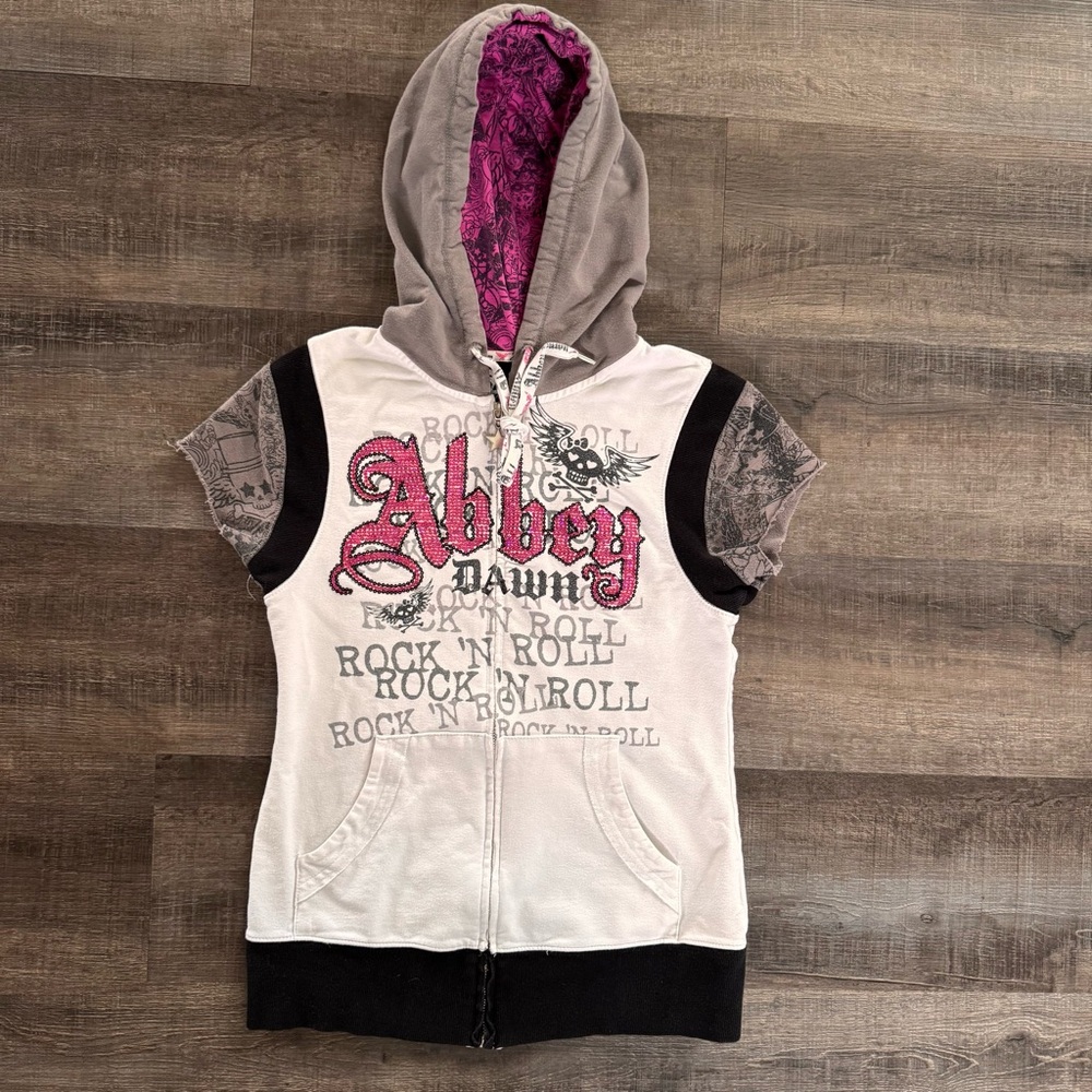 RARE ABBEY DAWN by Avril Lavigne White and Pink Short Sleeve Grunge Zip Up Hood